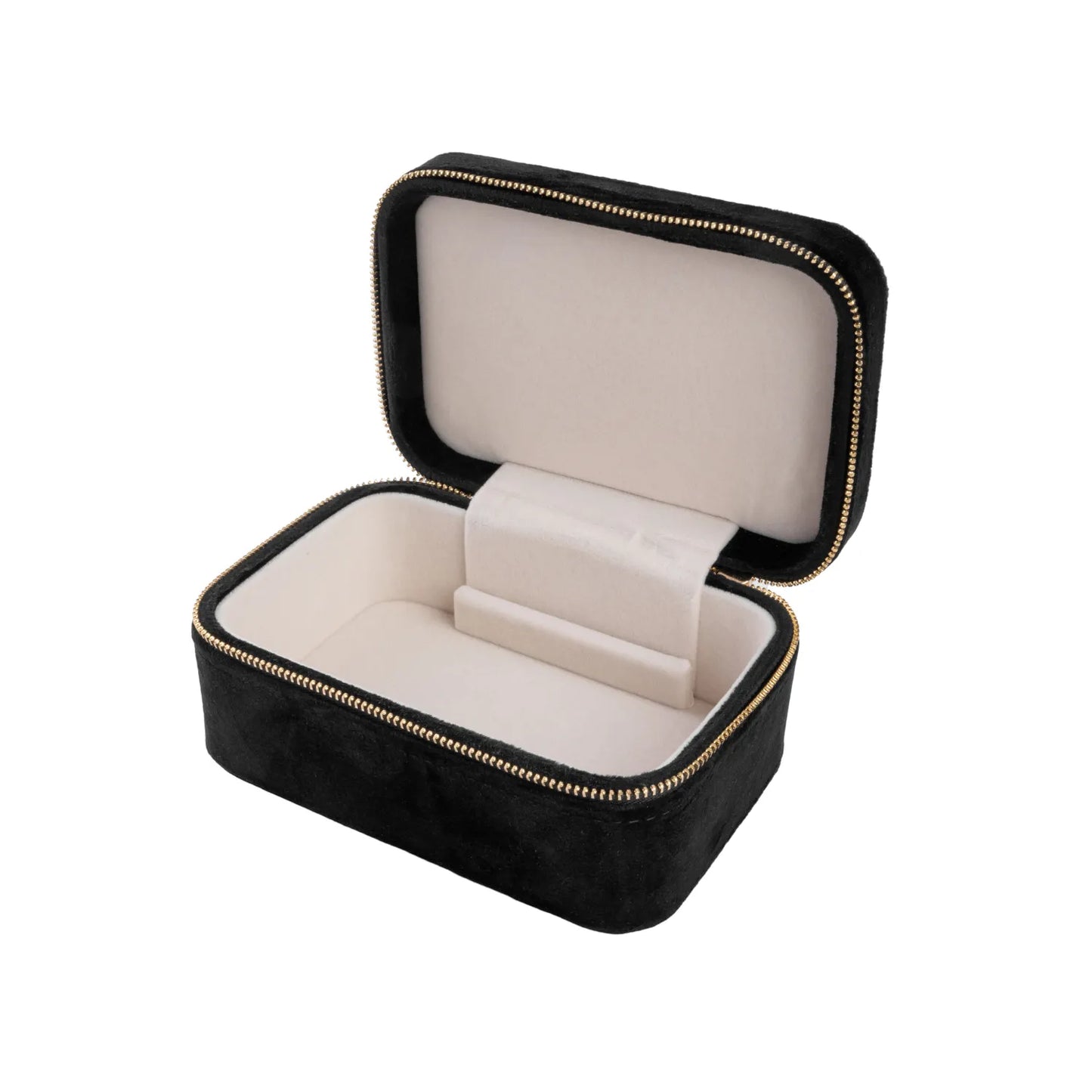 Svart smúkkuskrín við gull lýblási. Víst opið.