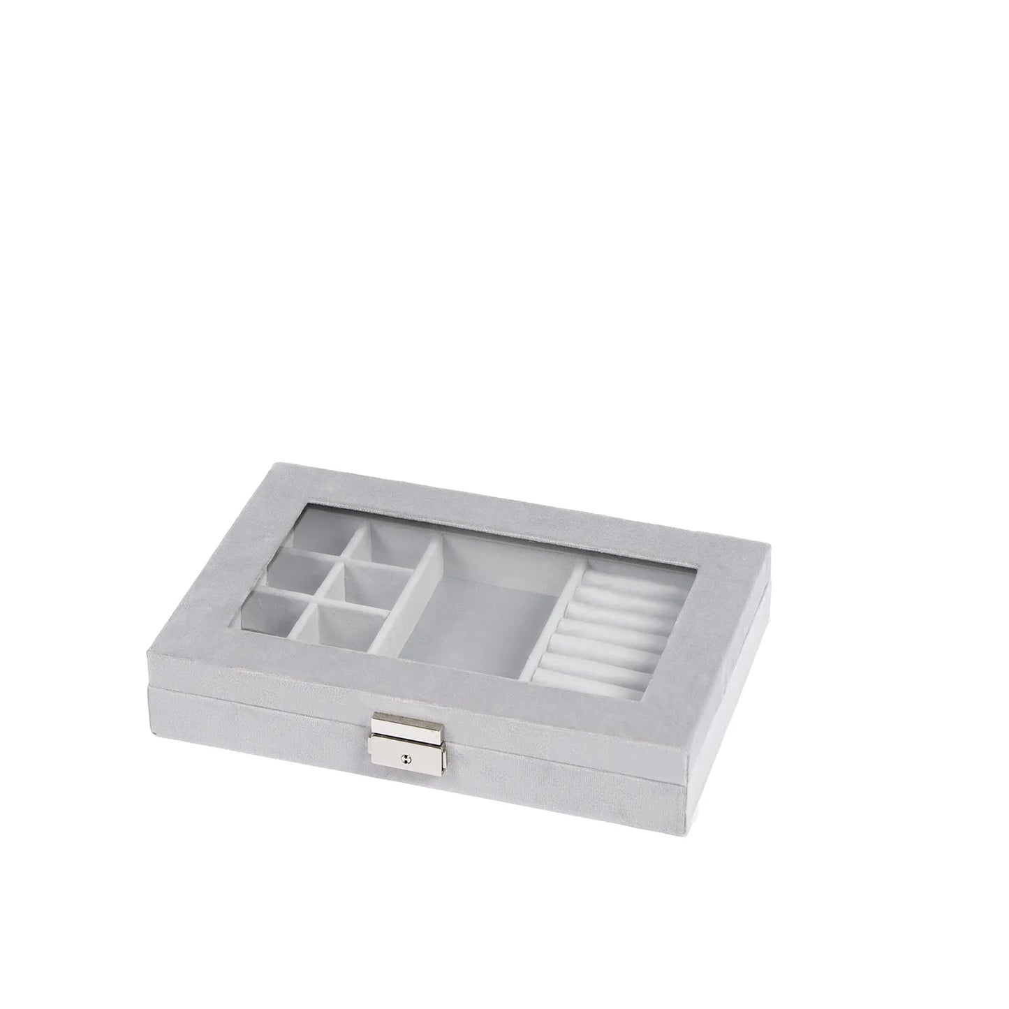 Grátt afturlatið smúkkuskrín við glas rútið.