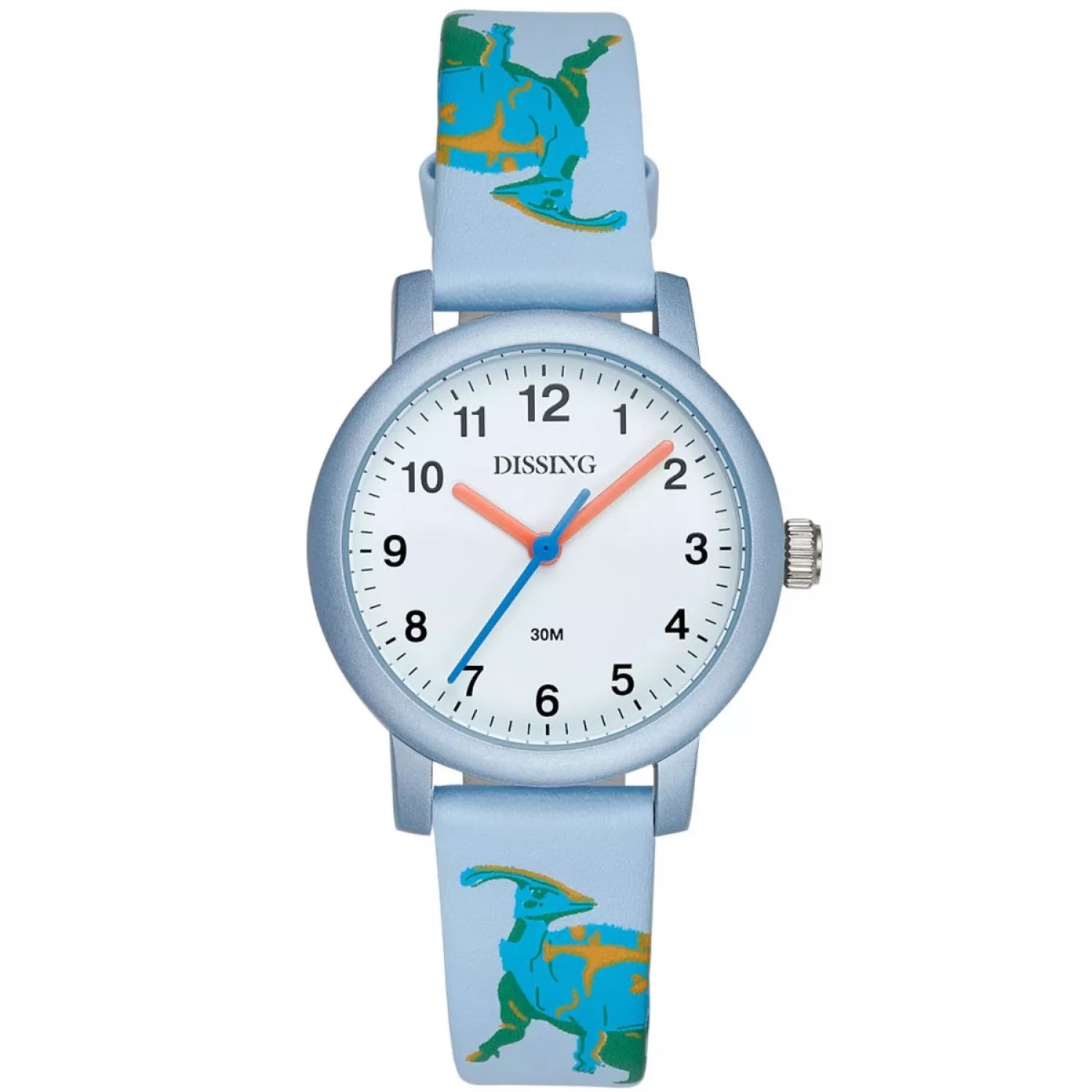 Barnaur við dino tema. Dinosaurar síggjast. Hvít skiva við stórum tølum. Gott barnaur til børn.