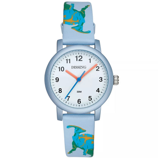 Barnaur við dino tema. Dinosaurar síggjast. Hvít skiva við stórum tølum. Gott barnaur til børn.