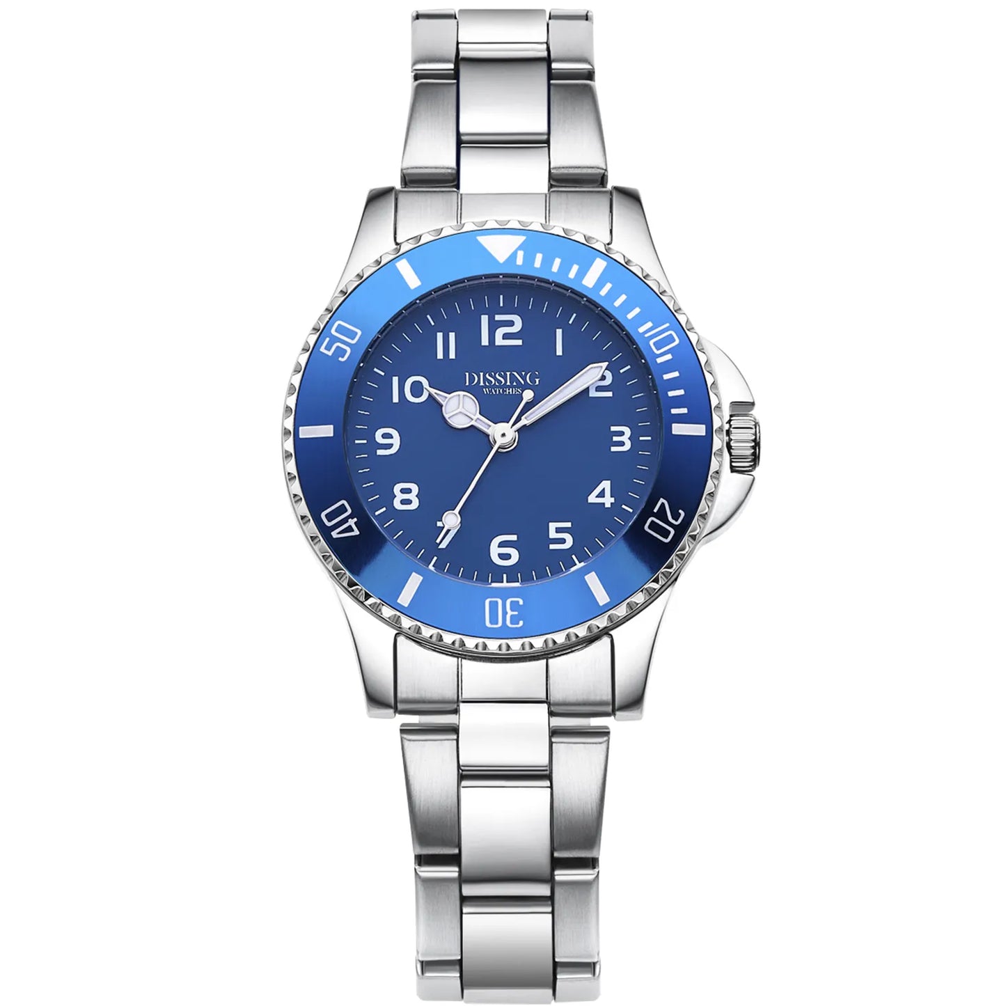 Dissing barnaur til børn. VIð bláari skivu og stórum tølum. Vøkur silvur keta og hvít bakrund. 