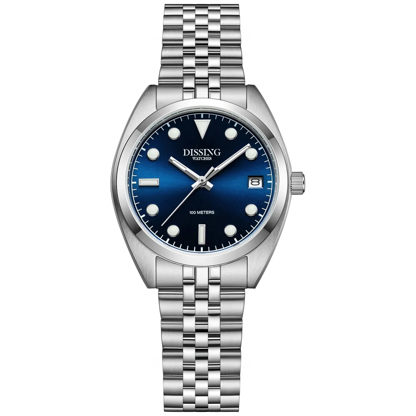 Dissing barnaur við bláari skivu, silvurketu og datovísara. Sæst frá framsíðu. 