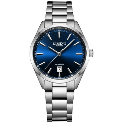 Dissing silvur ur við bláari skivu og Seiko urverk. 