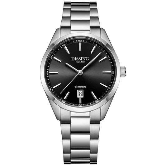 Dissing barnaur við silvurketu, svartari skivu og Seiko urverk