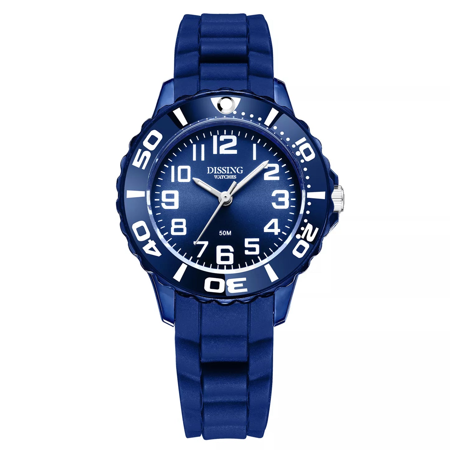 Blátt Dissing barnaur úr endunýtslkuplasti og silikonreim. Stór tøl og sera vakurt. 