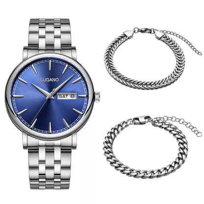 Lugano silvur gávusett. VIð urið og tveimum armbondum. Harraur hevur bláa skivu og alt tilfar er rustfrítt. 