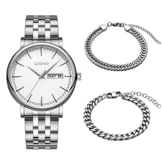 Lugano gávusett til harrar. Urið hevur hvíta skivu og tilhoyrandi tvey armbond. 