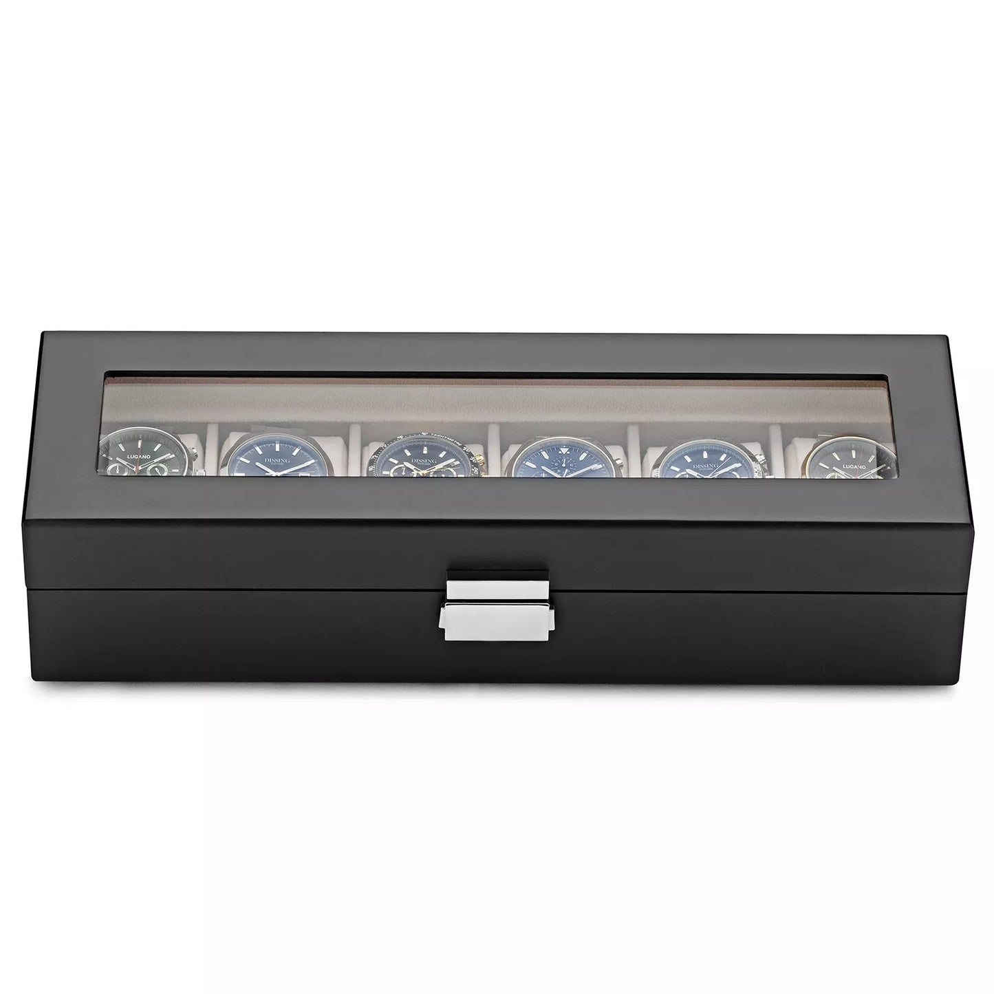 Svørt træ urboks við pláss til 6 ur. Víst afturlatin við beige pútum og 6 urum.