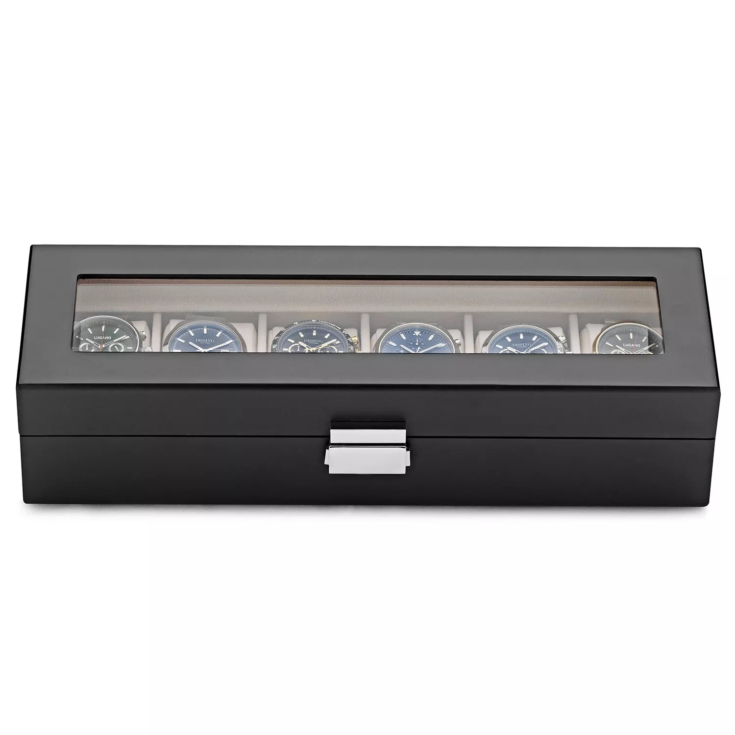 Svørt træ urboks við pláss til 6 ur. Víst afturlatin við beige pútum og 6 urum.